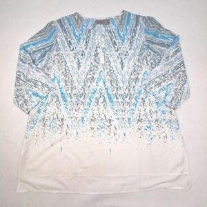 Chico's Easywear Tunic Womens 3 US XL Blue White Abstract Chevron 3/4 Sleeve Top
